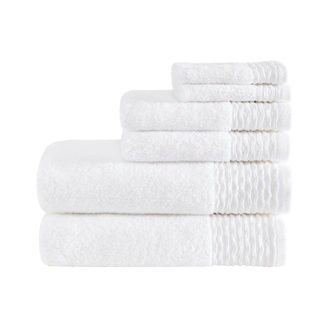 Madison Park Aer 6Piece White Jacquard Wavy Border Zero Twist Antimicrobial Cotton Bath Towel