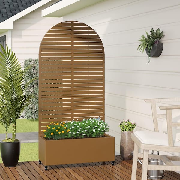 72 in. H x 35 in. W Arch Brown Outdoor Metal Privacy Screen Planter Box Wall Decor in Louvered Pattern