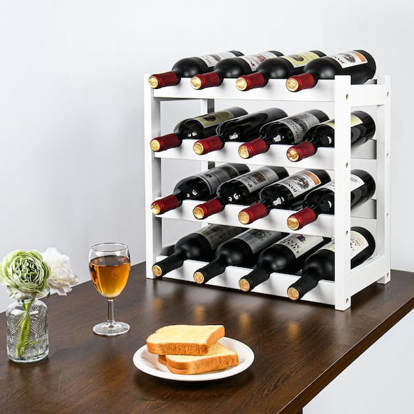 Wudkey 16-Botttle White 17.1 in. W Bamboo Wine Rack, 4-Tier