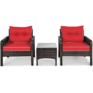 3-Piece Outdoor Wicker Rattan Patio Conversation Set with Red Cushion