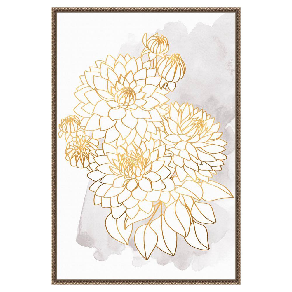 Gold and Gray Dahlia Bouquet Framed Canvas Wall Art