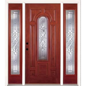 63.5 in.x81.625in.Lakewood Zinc Center Arch Lt Stained Cherry Mahogany Rt-Hd Fiberglass Prehung Front Door w/Sidelites