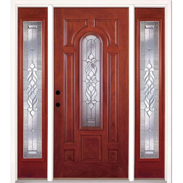 63.5 in.x81.625in.Lakewood Zinc Center Arch Lt Stained Cherry Mahogany Rt-Hd Fiberglass Prehung Front Door w/Sidelites