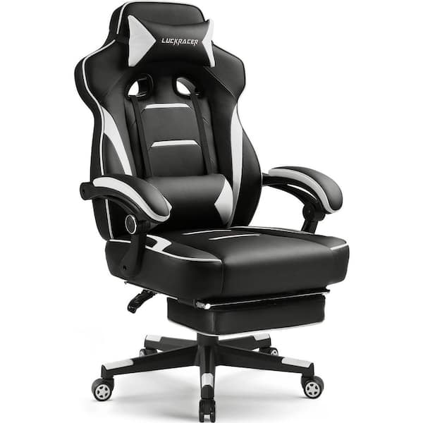 Faux Leather Gaming Chair with Footrest Racing Style Computer Chair with Adjustable Reclining Backrest,White