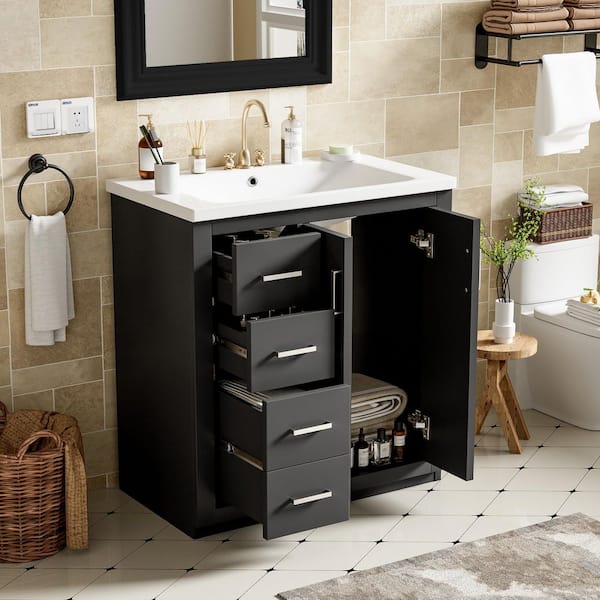 Solid Wood Bathroom Vanity 30 in. Black Frame Bathroom Storage Cabinet, Ceramic Sink with 3 Drawers& Soft Closing Doors
