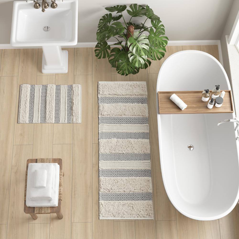 Nordic Shaggy Grey and Beige Patterned Bathroom Rug