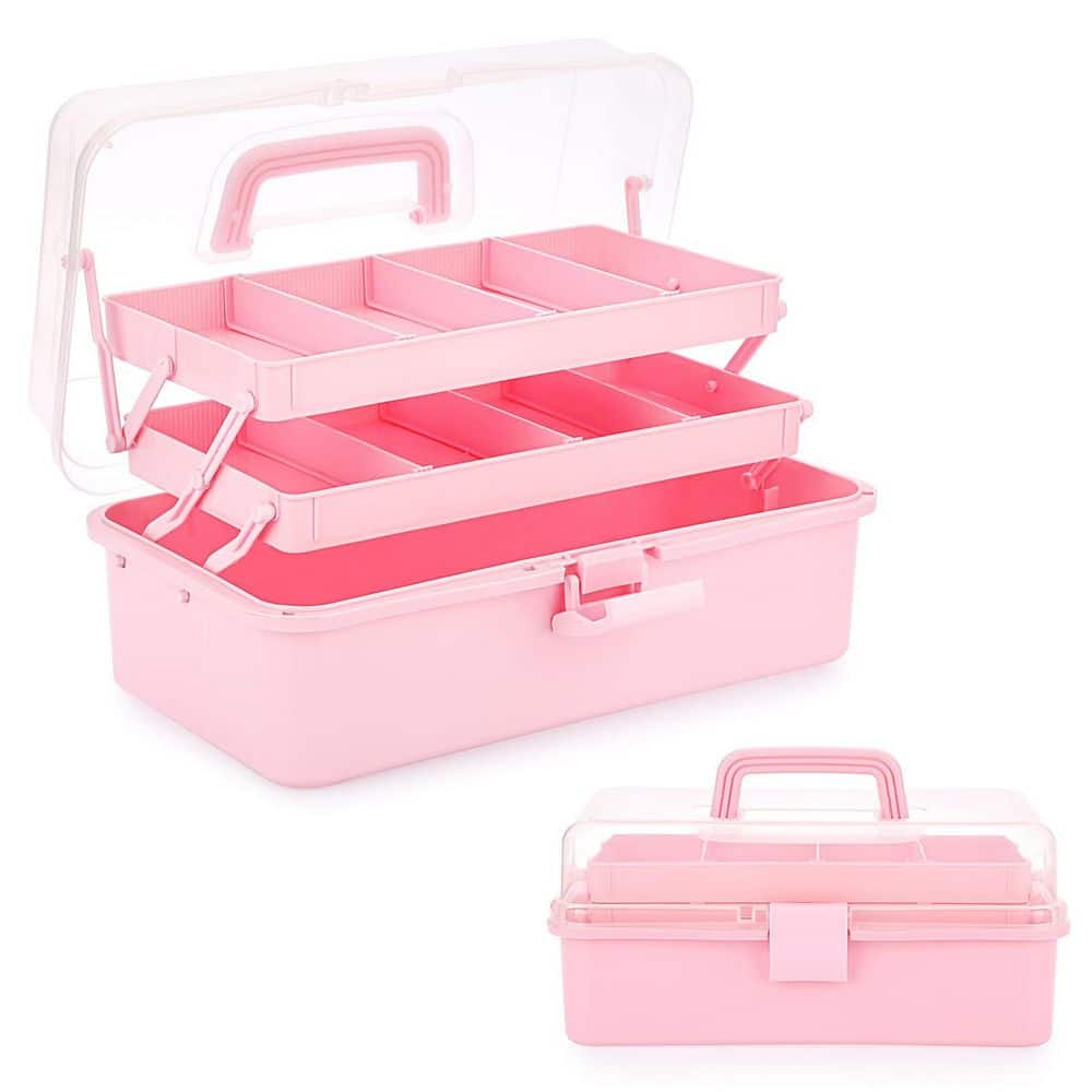 3-Layer Dividing Storage Box Craft Organizer with Adjustable Spacers and Handle in Pink for Multipurpose Use