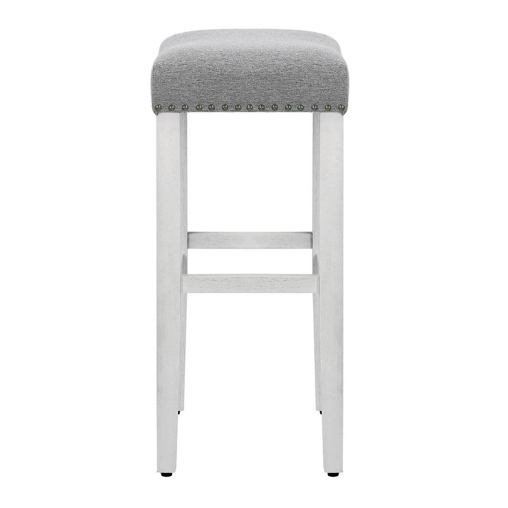 29" Antique White and Gray Upholstered Saddle Seat Counter Stool