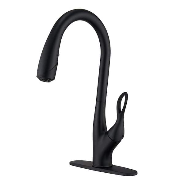 Mondawe 3-Function High Arc Pull Down Sprayer Kitchen Faucet Single Handle Deck Mount in Matte Black