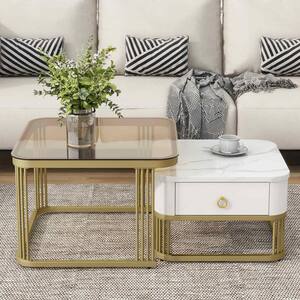 23.6 in. White/Gold Rectangle Faux Marble Coffee Table with Drawer and High Gloss Marble Grain Tabletop