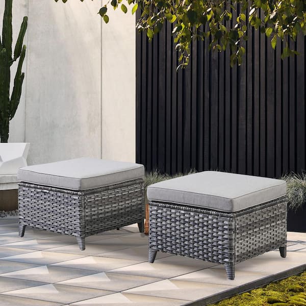 Gray Wicker Outdoor Ottoman, All-Weather Patio Ottomans (Set of 2) PE Wicker Steel Frame with Gray Cushions (2-Pack)