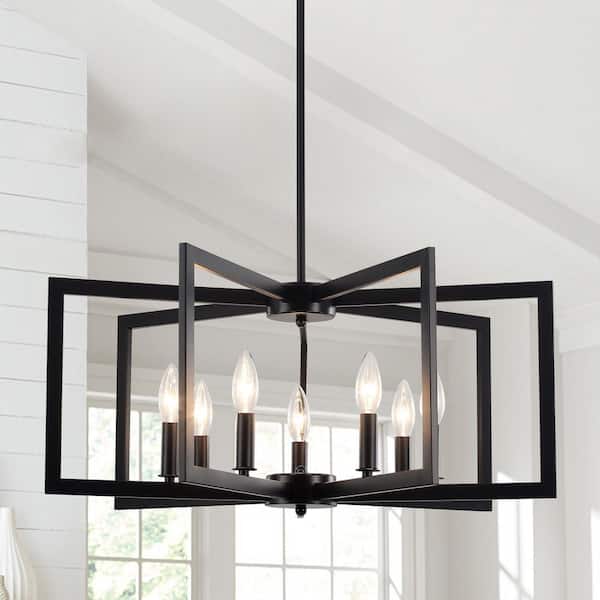 7-Light Black Modern Chandelier Light Fixture with Geometric Metal Shade, No Bulbs Included