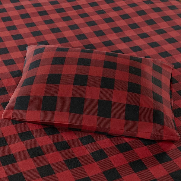 Cotton Flannel 4-Piece Red/Black Buffalo Check King Sheet Set