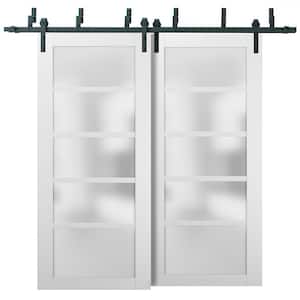 56 in. x 80 in. 5 Lites Frosted Glass White Finished Pine Wood MDF Bypass Sliding Barn Door with Hardware Kit