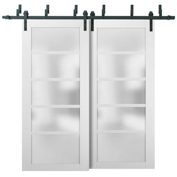 Sartodoors 60 in. x 80 in. 5 Lites Frosted Glass White Finished Pine Wood MDF Bypass Sliding Barn Door with Hardware Kit