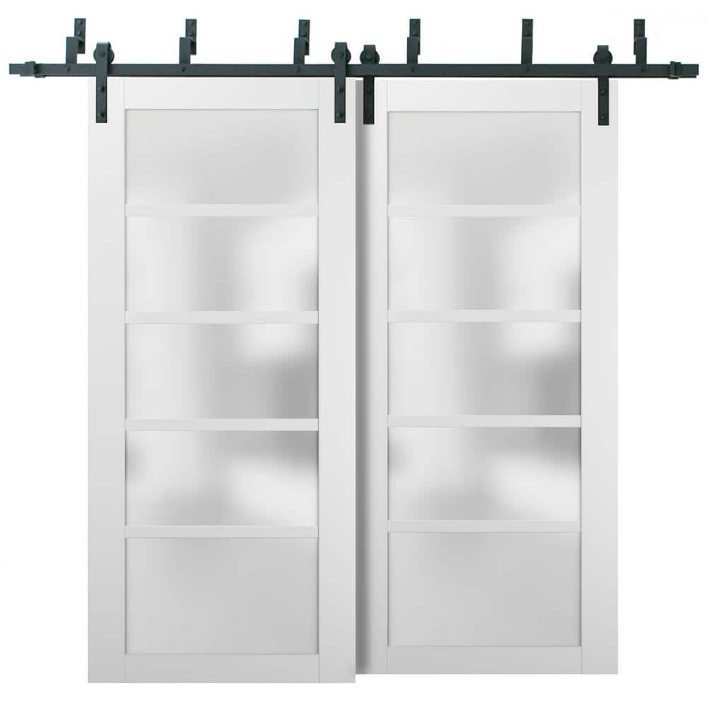 64 in. x 96 in. 5-Panel 5 Lite Frosted Glass White Finished Solid Pine MDF Sliding Barn Door with Hardware Kit price history on PriceWatchPro