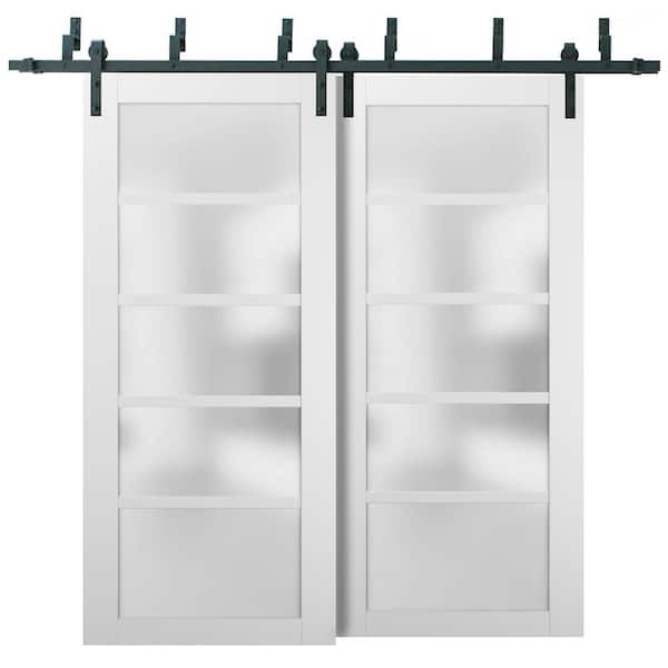 Sartodoors 64 in. x 96 in. 5-Panel 5 Lite Frosted Glass White Finished Solid Pine MDF Sliding Barn Door with Hardware Kit