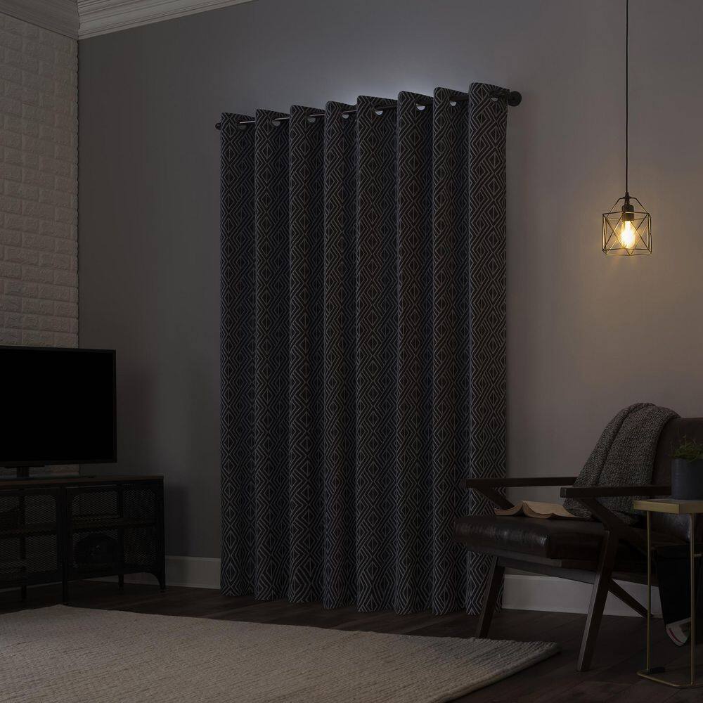 Black Geometric Polyester Blackout Grommet Curtain Panel