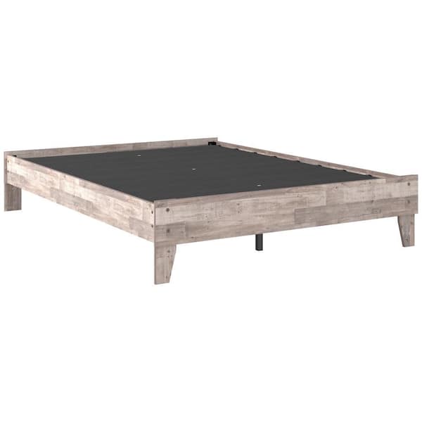 Benjara White Wood Frame Queen Platform Bed with Butcher Block Design