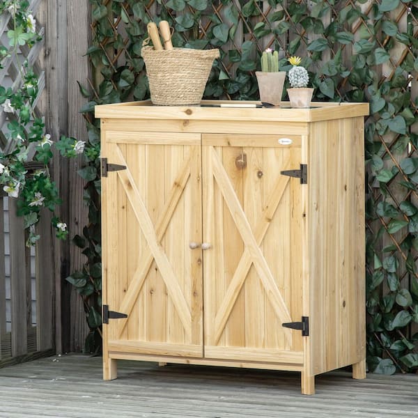 Unbranded 31.5 in. W x 17.8 in. D x 36.3 in. H Natural Wood Outdoor Storage Cabinet with Galvanized Top and Two Shelves