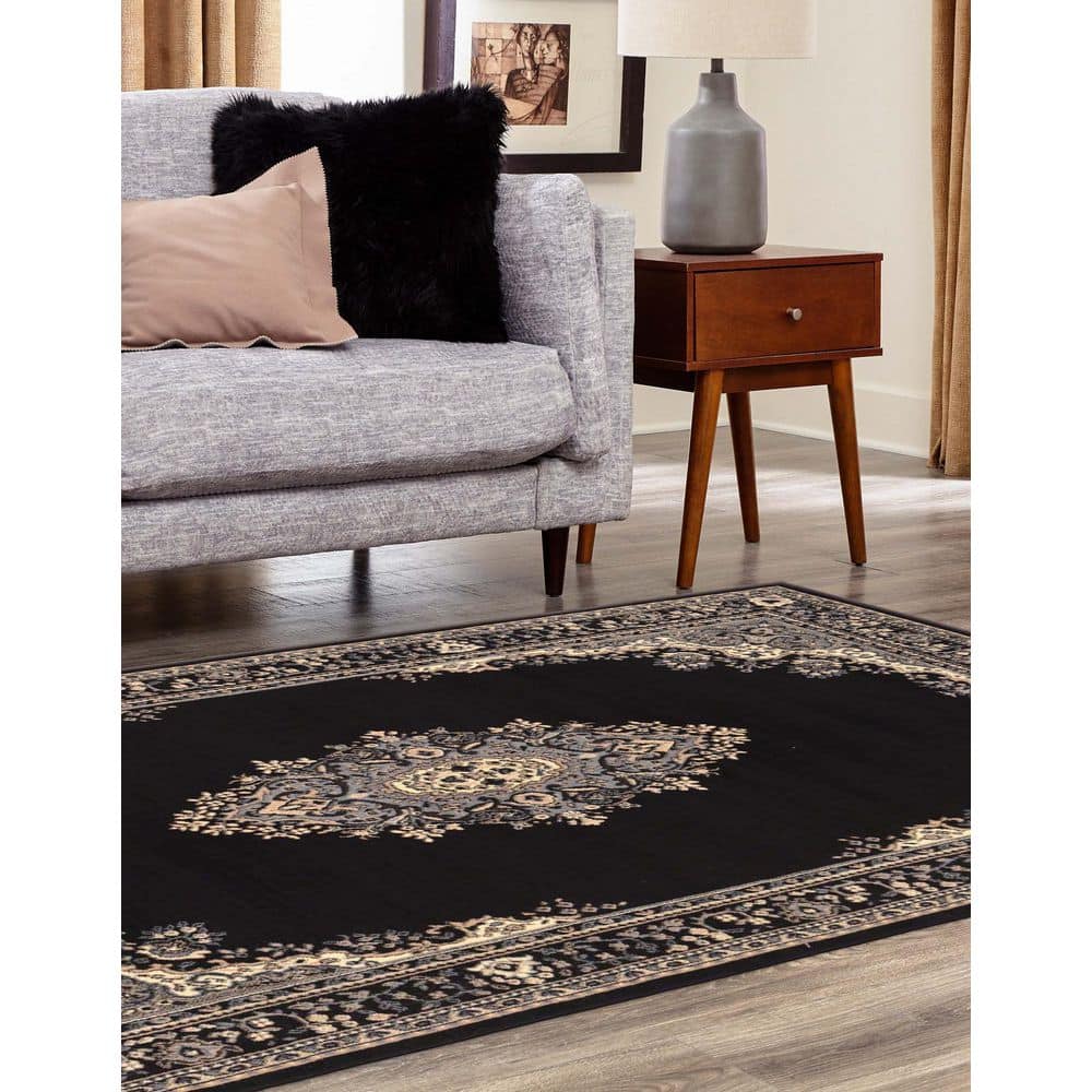 Black and Beige Medallion Synthetic 4' x 6' Area Rug