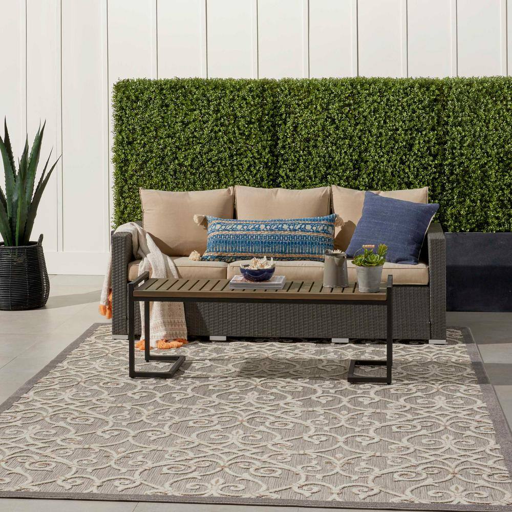 Natural Gray Flat Woven Floral Rectangular Area Rug