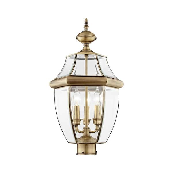 AVIANCE LIGHTING Aston 23.5 in. 3-Light Antique Brass Cast Brass Hardwired Outdoor Rust Resistant Post Light with No Bulbs Included