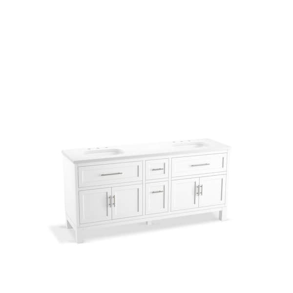 Quo 73in. Double Sink Freestanding White Bath Vanity with White Quartz Top Assembled
