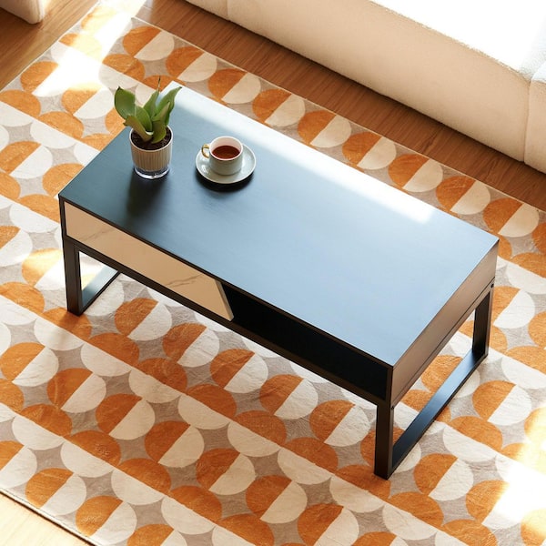 39.4 in. Black Modern Square Wood Coffee Table with Large Soft-Close Storage Drawer