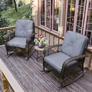 Salerno Brown Wicker Outdoor Rocking Chair with Gray Cushion