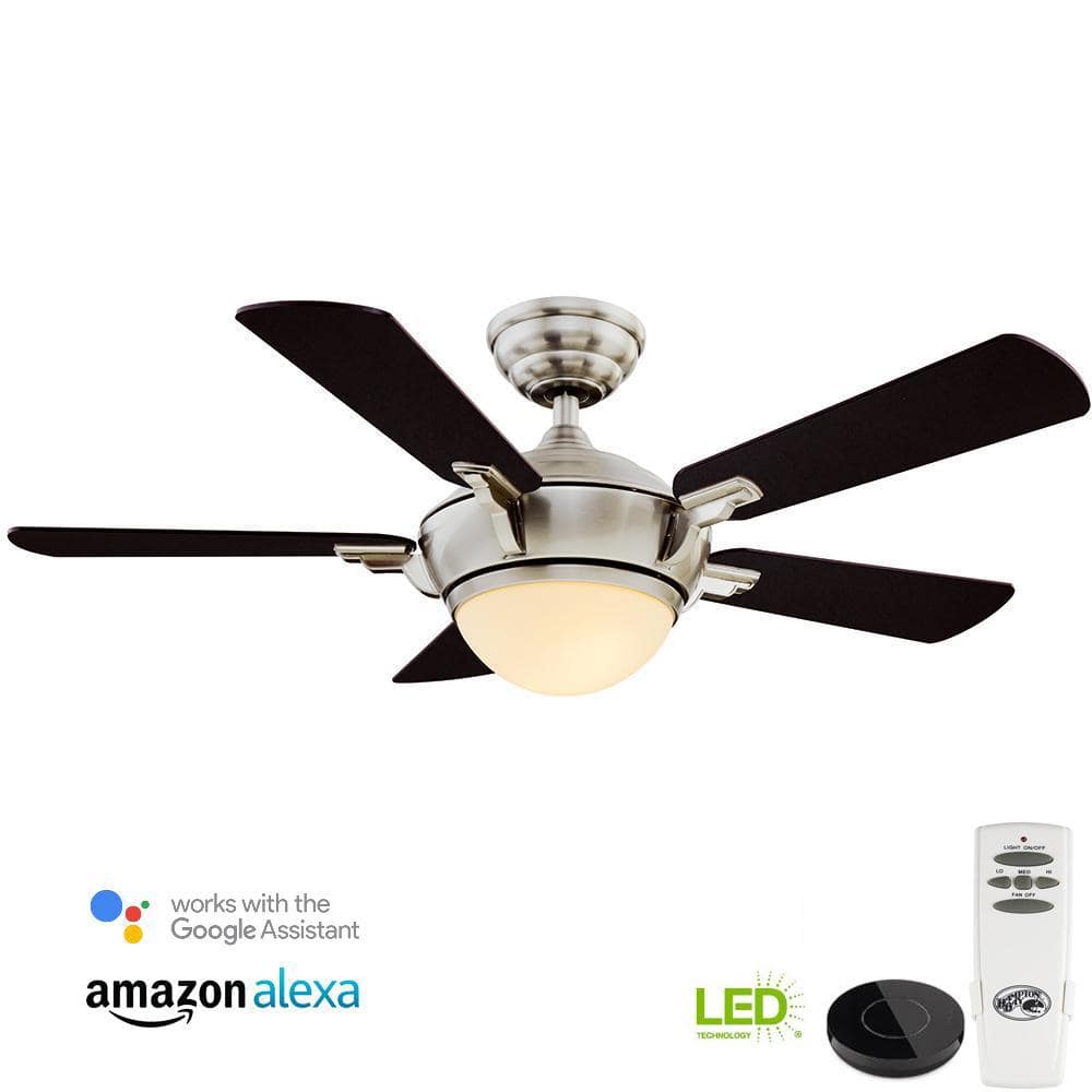 Hampton Bay Midili 44 In Indoor Led Brushed Nickel Dry Rated Ceiling Fan With Light Kit Works With Google Assistant And Alexa 20009 The Home Depot