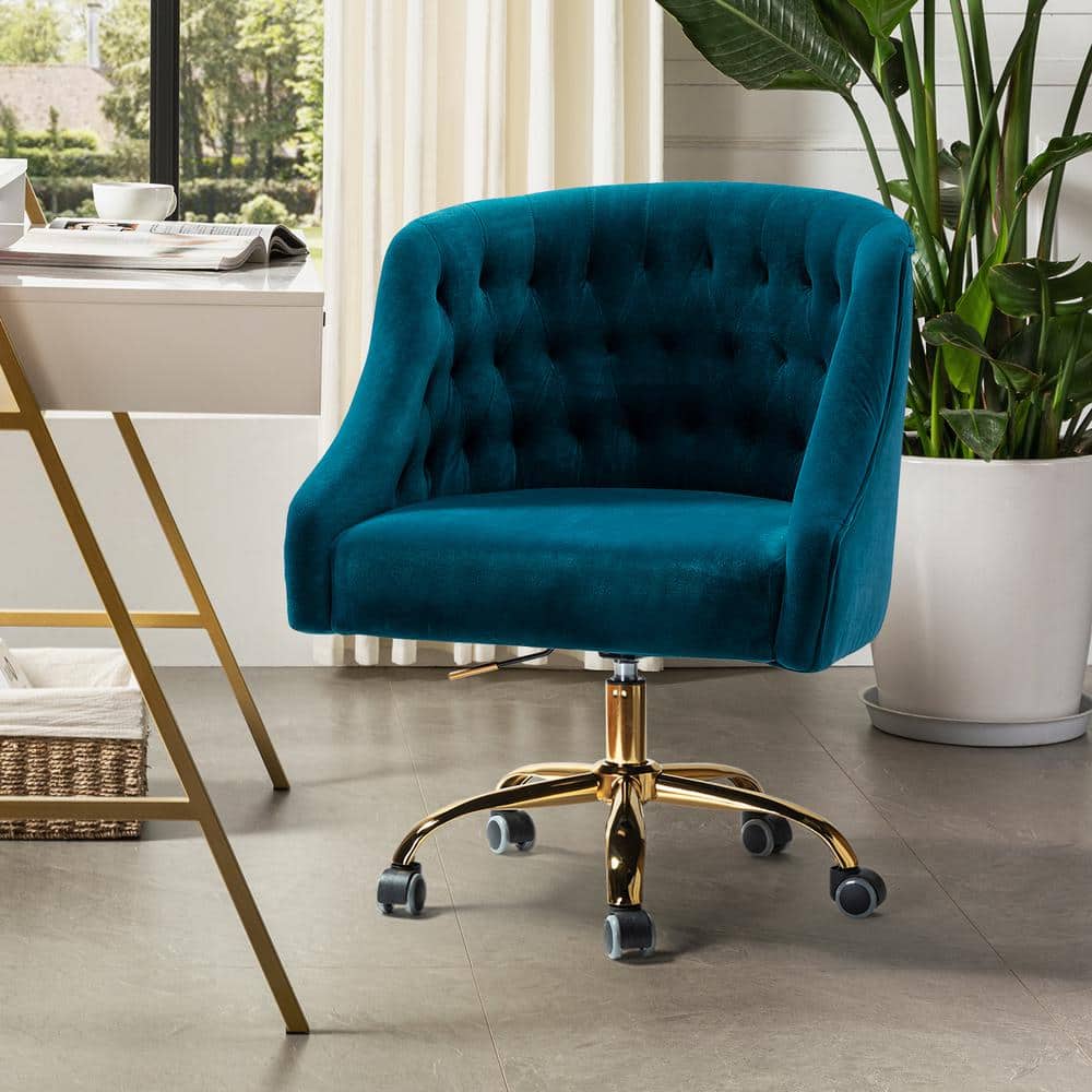 Teal Velvet Swivel Task Chair with Gold Metal Legs
