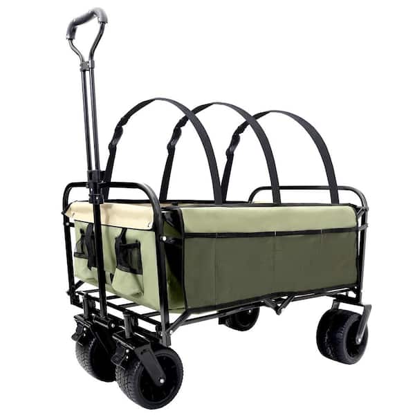 Unbranded 10 cu. ft. Strap Collapsible Foldable Wagon Cart Steel Garden Cart with 3-Pieces Plastic Liner Bag /Cover, Green