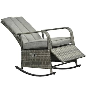 Grey Metal PE Rattan Outdoor Rocking Chair with Grey Cushion and Adjustable Footrest