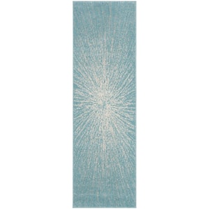 Evoke Aqua/Ivory 2 ft. x 5 ft. Geometric Runner Rug