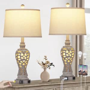 25.2 in. Grey Resin Table Lamp Set with USB, Type-C Ports and AC-Outlet (Set of 2)