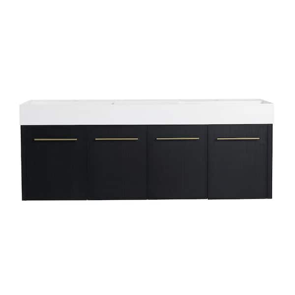 60 in. Double Sink Floating Black Bath Vanity with White Resin Top, Soft Closing Hinges, 4 Doors