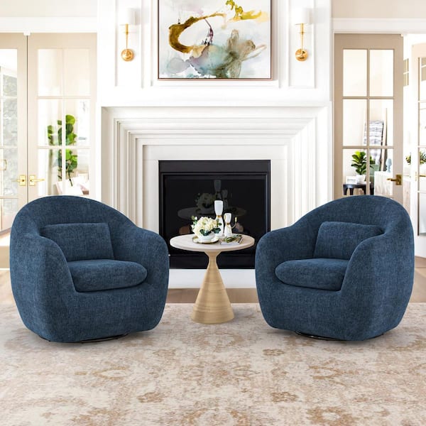 Oversized Navy Chenille 360° Swivel Accent Chair Upholstered Leisure Armchair Sofa with Padded Backrest Set of 2