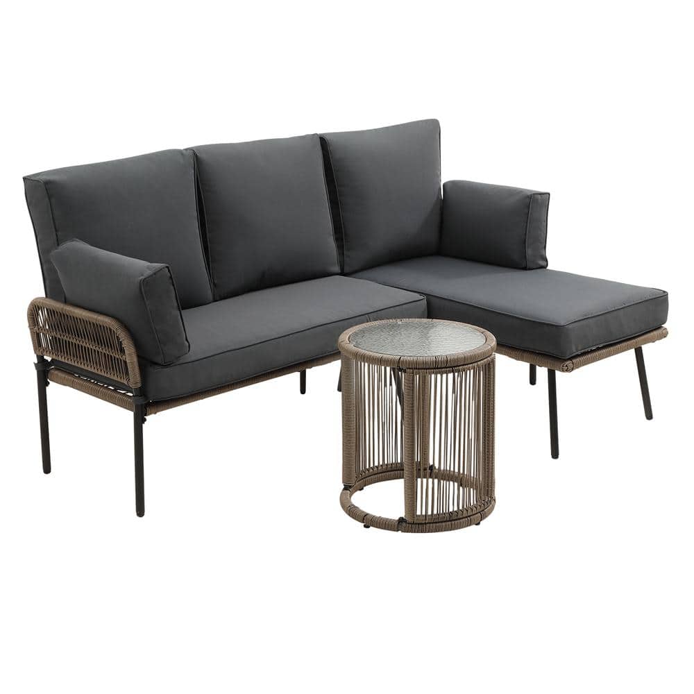 3-Piece Wicker Outdoor Patio Sectional Set, L-Shaped Sofa Couch Furniture S