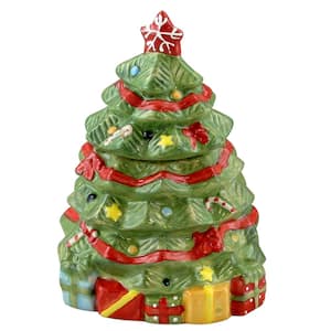 Mirthful Treats Earthenware Hand Painted Stoneware Christmas Tree Cookie Jar