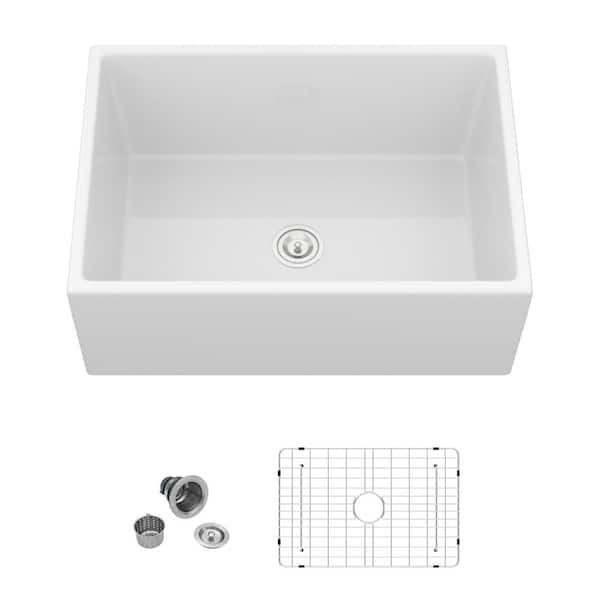 28 in. Fireclay Farmhouse Sink Single Bowl Glossy White Kitchen Sink with Bottom Grid