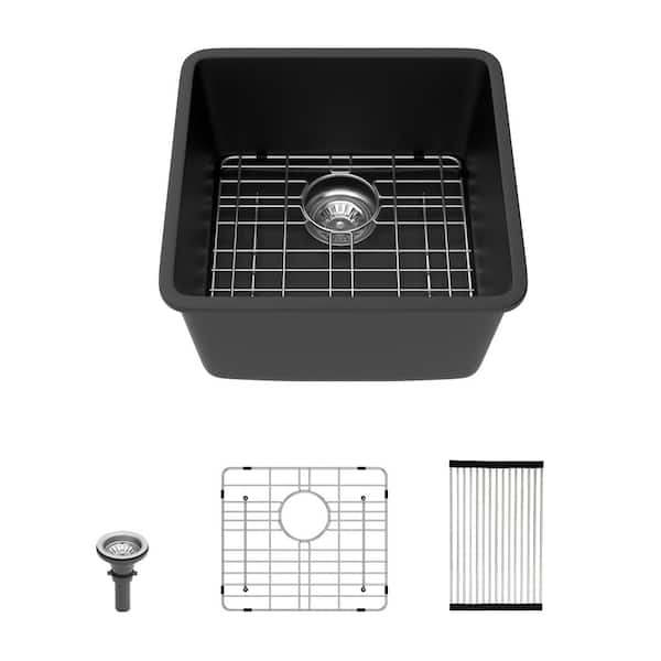 17 in. Undermount Bar/Rv Kitchen Sink in Matte Black Quartz Composite with Bottom Grid and Strainer Drain