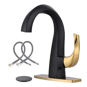 Brass Single Handle Single Hole Bathroom Faucet with Deckplate Included and Drain Kit in Black and Gold