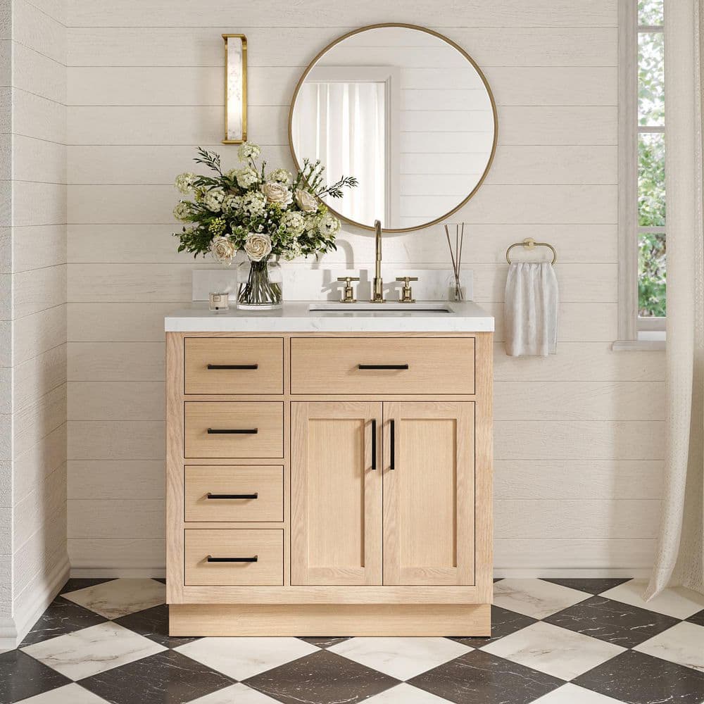 Hepburn 36 in. Single Sink Freestanding Bath Vanity in Oak with Carrara White Quartz Top & Sidesplash price history on PriceWatchPro
