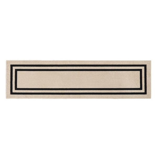 Machine Washable Non-Skid Natural Beige Twist/Black 2.2 ft. x 8 ft. All Loop Tufted Area Rug