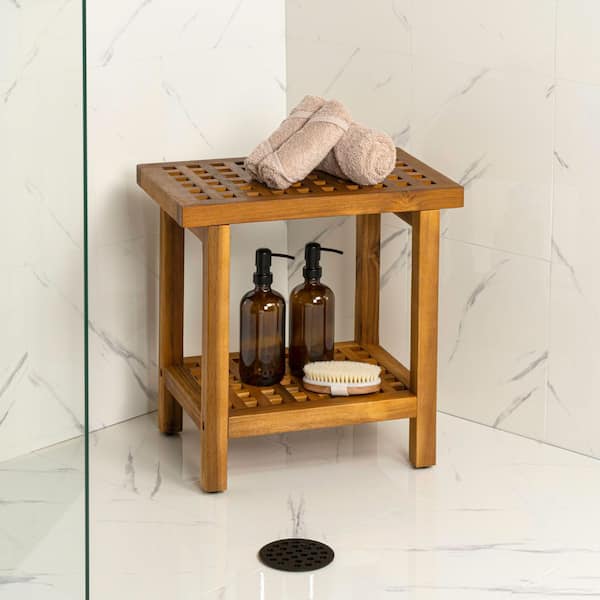 Armin 18.1 in. Modern Classic Grid Slat Solid Acacia Wood Indoor/Outdoor Shower Stool, Natural