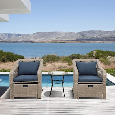 Brown 5-piece Outdoor Conversation Set Rattan Wicker Chairs with Blue Cushions Stools and Tempered Glass Table