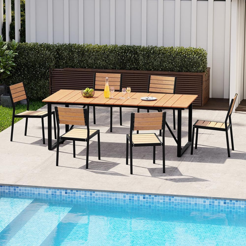 Brown 7-Piece Aluminum Rectangular 82.7 in. Table Outdoor Dining Set with Umbrella Hole
