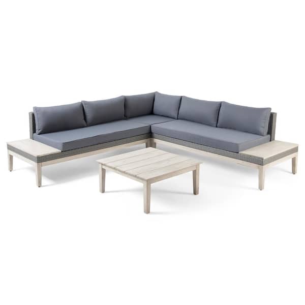Loft Light Grey 4-Piece Faux Rattan Outdoor Patio Conversation Sectional Seating Set with Dark Grey Cushions