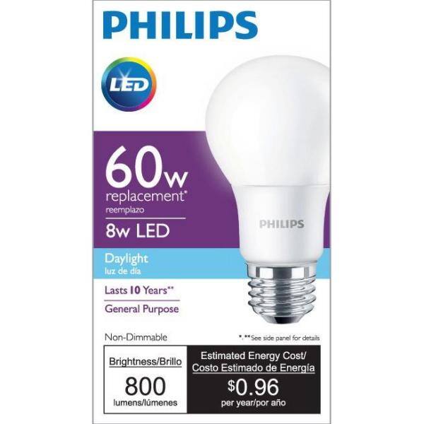 Opsætning Svin liner Philips 60-Watt Equivalent A19 Non-Dimmable Energy Saving LED Light Bulb  Daylight (5000K) (8-Pack) 461137 - The Home Depot